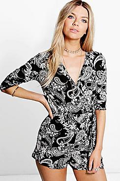Boohoo Lura Paisley Wrap Front Playsuit