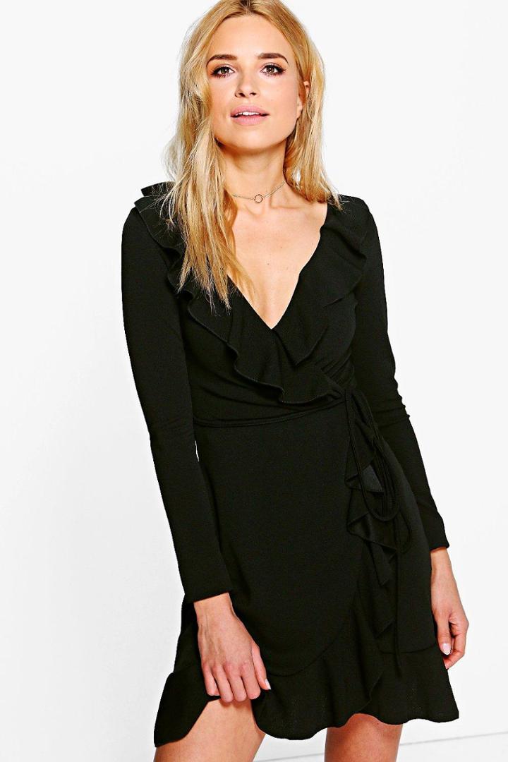 Boohoo Frey Ruffle Wrap Long Sleeved Tea Dress Black