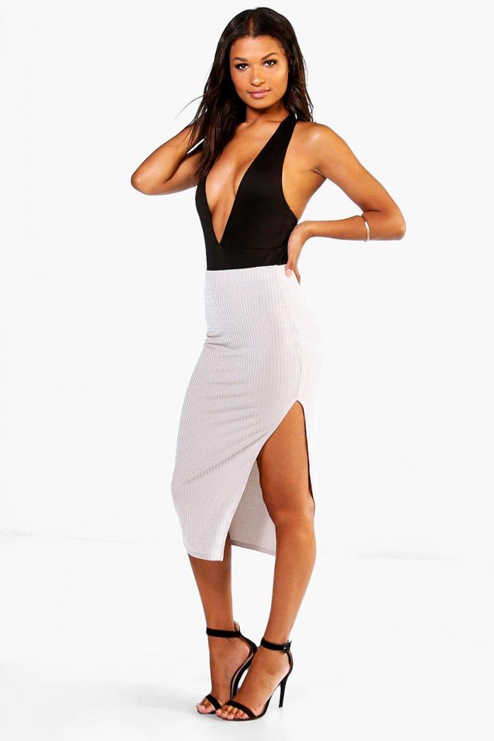 Boohoo Aurora Ribbed Side Split Midi Skirt Smoke