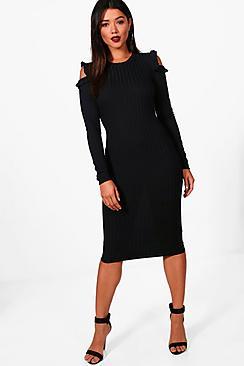 Boohoo Ribbed Frill Cold Shoulder Midi Dress