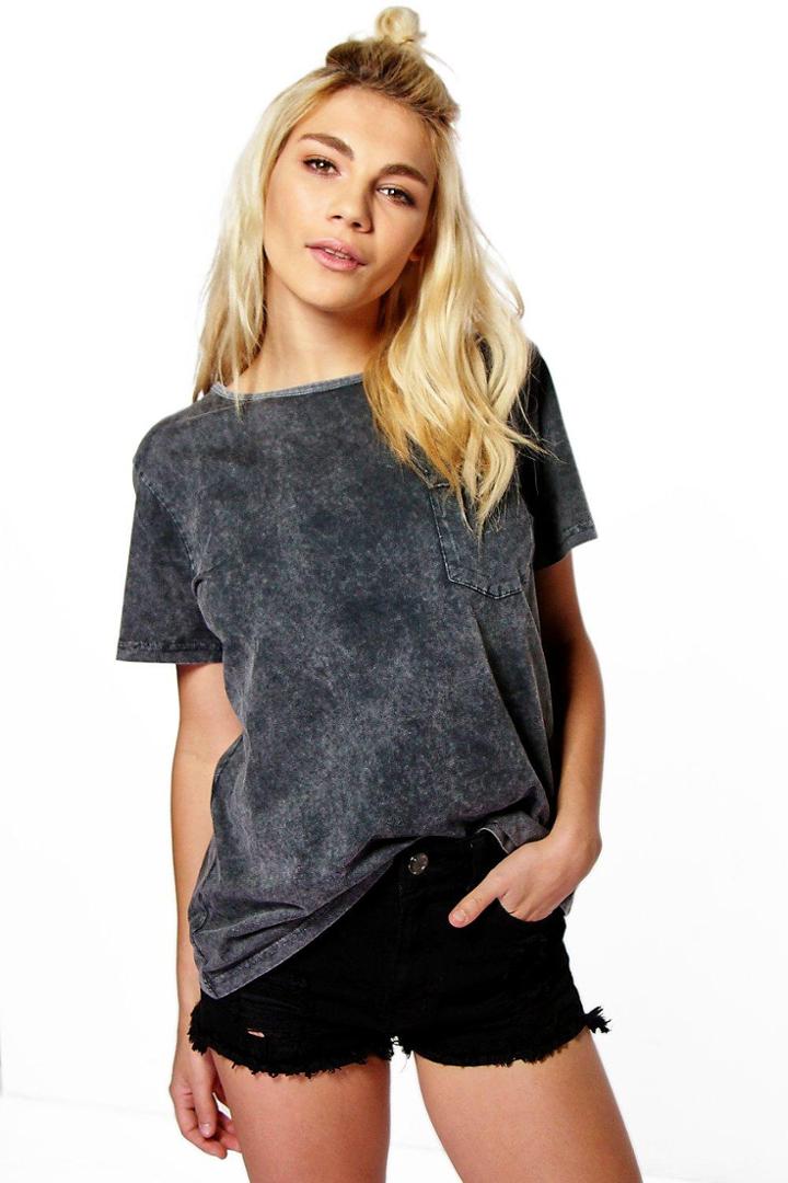 Boohoo Daisy Oversized Acid Wash Pocket Tee Grey