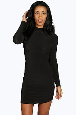 Boohoo Sabrine High Neck Curved Hem Bodycon Dress