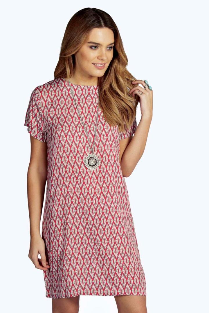 Boohoo Myla Printed Woven Cap Sleeve Shift Dress Coral