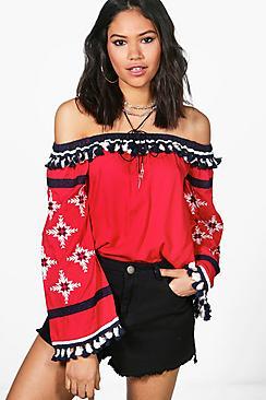 Boohoo Lola Boutique Pom Pom & Embellished Off The Shoulder Top
