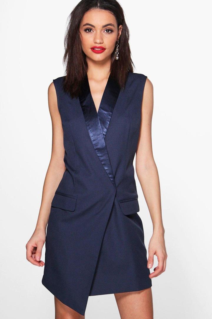 Boohoo Emily Sleeveless Tailored Tuxedo Woven Blazer Dress Navy