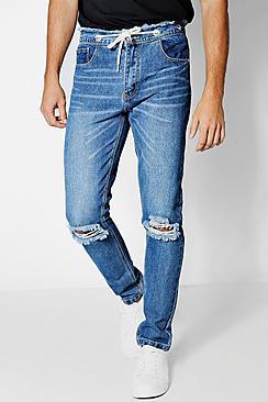 Boohoo Mid Blue Skinny Fit Jeans With Raw Waistband