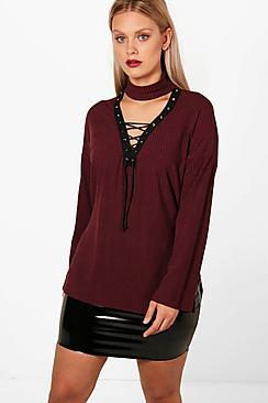 Boohoo Plus Tara Lace Up Choker Detail Jumper
