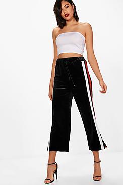 Boohoo Amber Sports Stripe Velvet Wide Leg Trouser