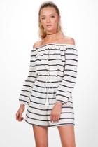 Boohoo Jules Striped Off The Shoulder Playsuit Ivory