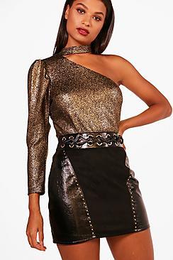 Boohoo Danielle Leather Look Mixed Panel Eyelet Mini Skirt
