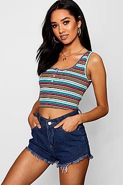 Boohoo Petite Gretchen Rubbed Coloured Stripe Button Front Crop