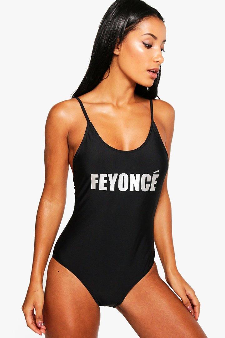 Boohoo Jamaica Feyonce Slogan Scoop Bathing Suit Black