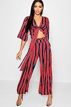 Boohoo Stripe Tie Front Top & Wide Leg Trouser