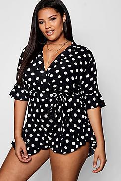 Boohoo Plus Emma Spot Wrap Over Playsuit