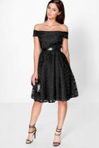 Boohoo Layla Polka Dot Organza Skirt Off Shoulder Dress Black
