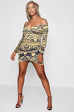 Boohoo Scarf Print Off The Shoulder Wrap Dress