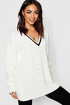 Boohoo V Neck Cable Knit Long Line Sweater