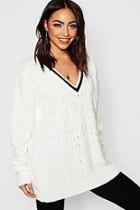 Boohoo V Neck Cable Knit Long Line Sweater