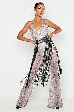 Boohoo Sequin Snake Mesh Plunge Jumpsuit