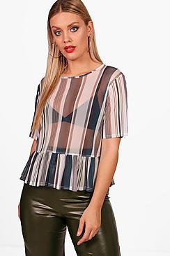 Boohoo Plus Shona Stripe Mesh Peplum Top