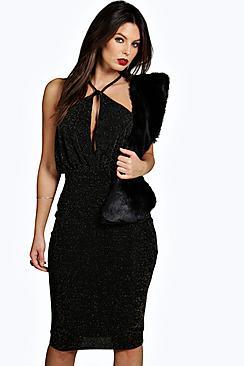 Boohoo Eva Metallic Draped Halterneck Midi Dress