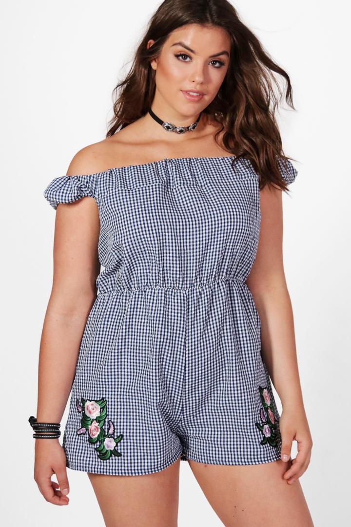 Boohoo Plus Ciara Applique Gingham Bardot Playsuit Multi