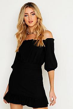 Boohoo Off Shoulder 3/4 Sleeve Shirred Bodycon Mini Dress
