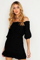 Boohoo Off Shoulder 3/4 Sleeve Shirred Bodycon Mini Dress