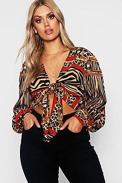 Boohoo Plus Mixed Chain Printed Tie Front Top