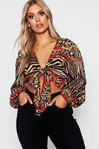 Boohoo Plus Mixed Chain Printed Tie Front Top