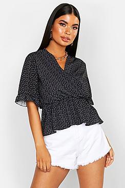 Boohoo Petite Wrap Spot Peplum Hem Blouse