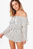 Boohoo Petite Zoe Frill Stripe Off The Shoulder Playsuit