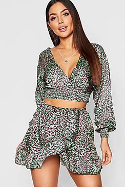 Boohoo Leopard Satin Wrap Top & Mini Skirt Co-ord