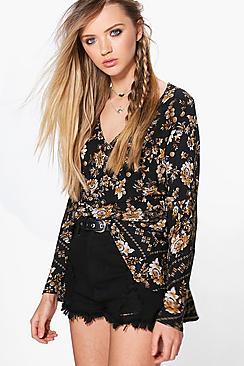 Boohoo Flare Sleeve Floral Blouse