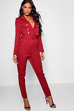 Boohoo Woven Military Button Self Fabric Belt Blazer Jumpsuit