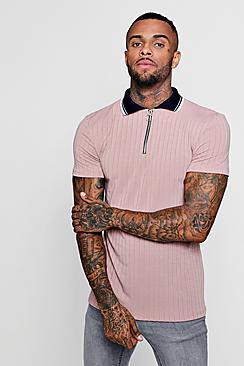 Boohoo Ribbed Polo With Contrast Collar And Zip Placket