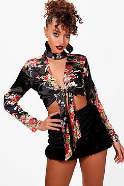 Boohoo Monica Oriental Print Tie Front Choker Blouse