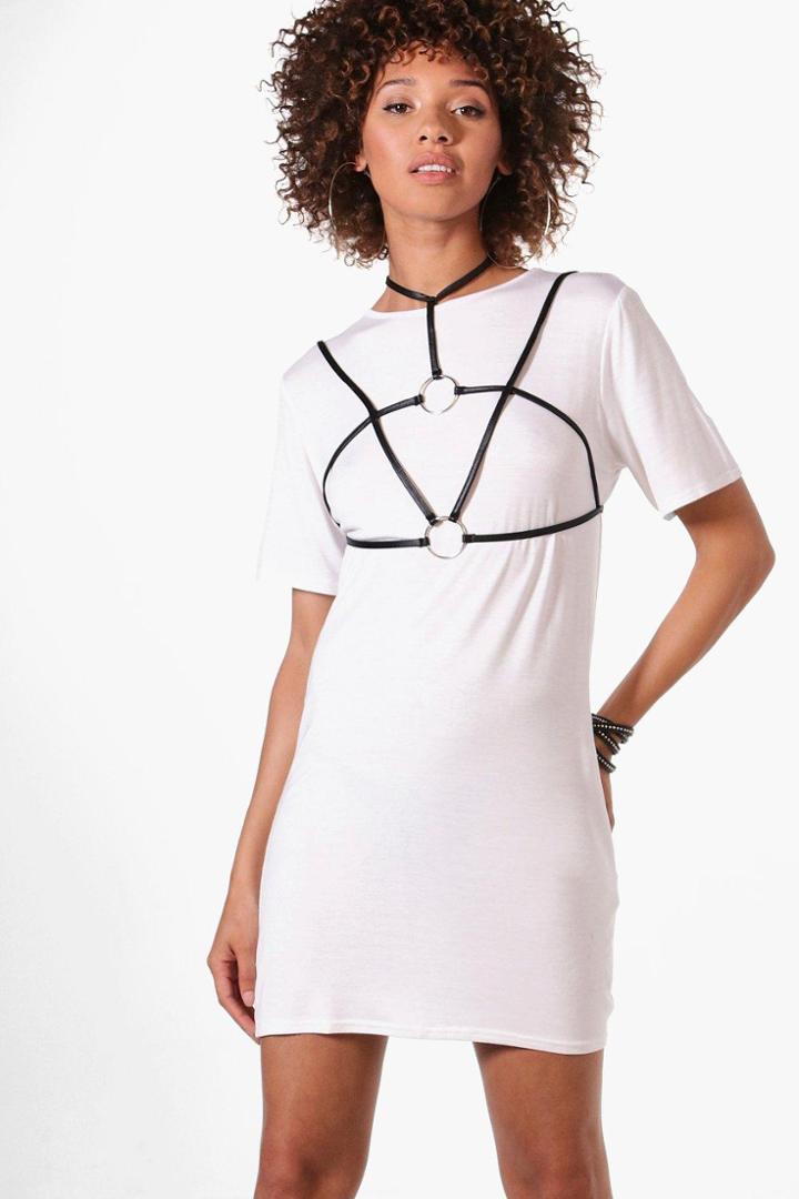 Boohoo Willow Pu O Ring Harness T-shirt Dress White