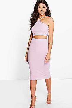 Boohoo Jesca Ribbed Cut Away Top & Midi Skirt Co-ord Set