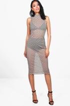 Boohoo Lola Mesh Grid Print High Neck Midi Dress Nude
