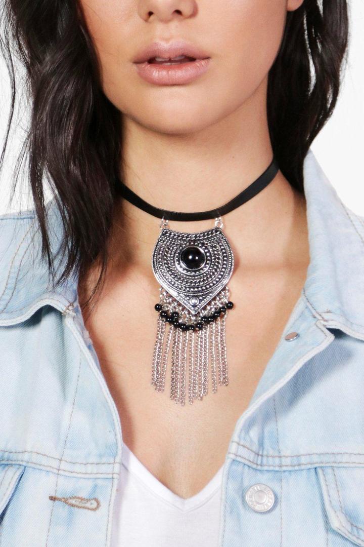 Boohoo Ivy Boho Statement Stone Choker Black