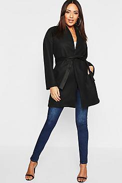 Boohoo Collarless Belted Wrap Wool Look Coat