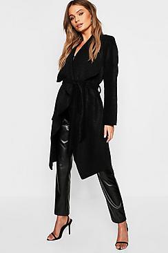 Boohoo Brushed Wool Look Belted Waterfall Coat