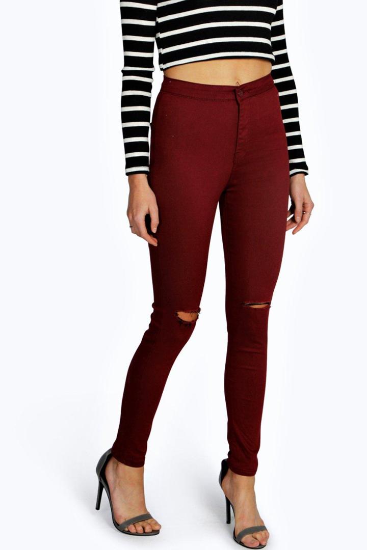 Boohoo Laura Ripped Knee High Waist Skinny Jeans Wine