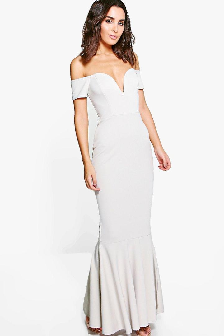Boohoo Marlin Off The Shoulder Fish Tail Maxi Dress Silver