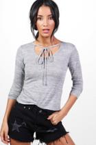 Boohoo Joanna Tie Neck Knitted Top Grey