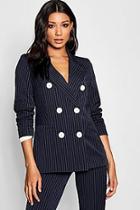 Boohoo Pinstripe Double Breasted Contrast Button Blazer