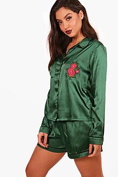 Boohoo Rose Embroidery Satin Short & Shirt Set