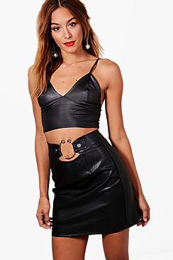 Boohoo Roxy Pu O Ring Detail Woven Mini Skirt