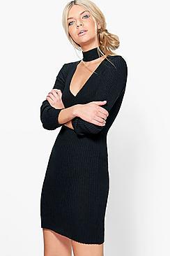 Boohoo Savannah Choker Rib Knit Jumper Dress